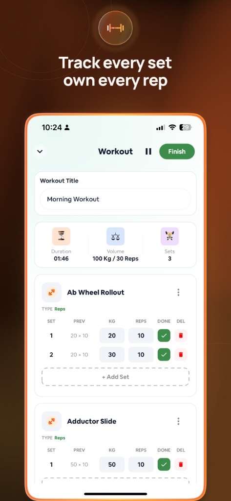 Live workout logger with sets, reps, and previous records