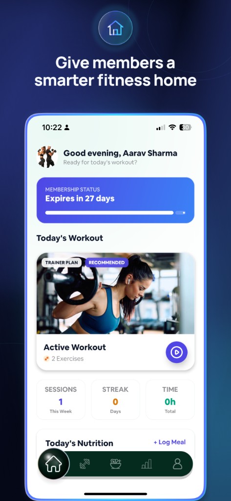 ClanFit member home with membership status, today's workout, and nutrition