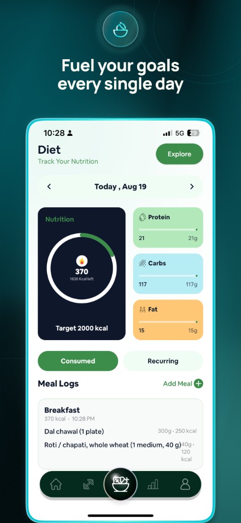 Daily nutrition ring with protein, carbs, fat, and meal logs