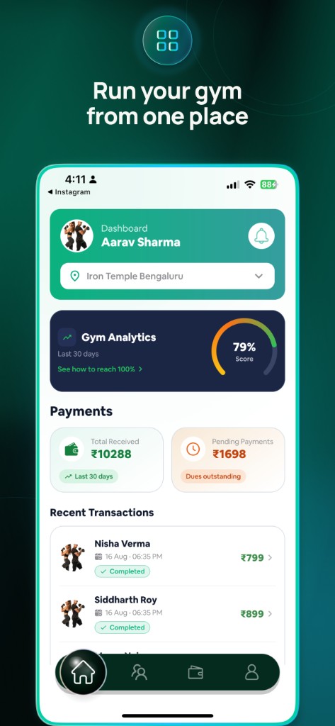 ClanFit owner dashboard showing gym analytics, payments, and recent transactions